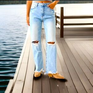 Altar’D State Distressed Straight Jeans W/Ripped Knees Fringe Cuffs Light Wash